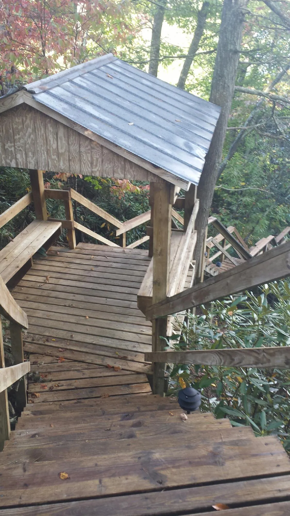 Metal roofed shelter over wooden steps on a wooded walkway — Skylight Repair & Installation work by our crew in Okolona